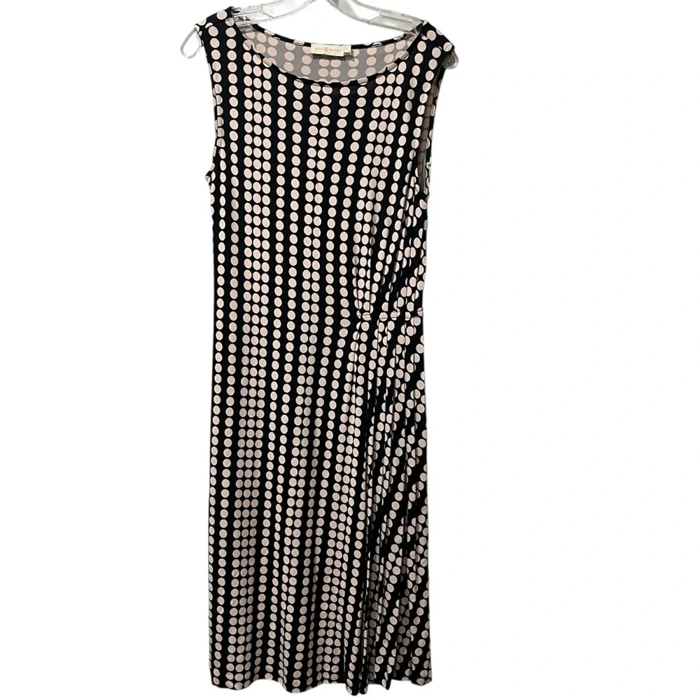 Tory Burch Black & Tan Zandi Polka Dot Print Sleeveless Midi Dress‎ Medium